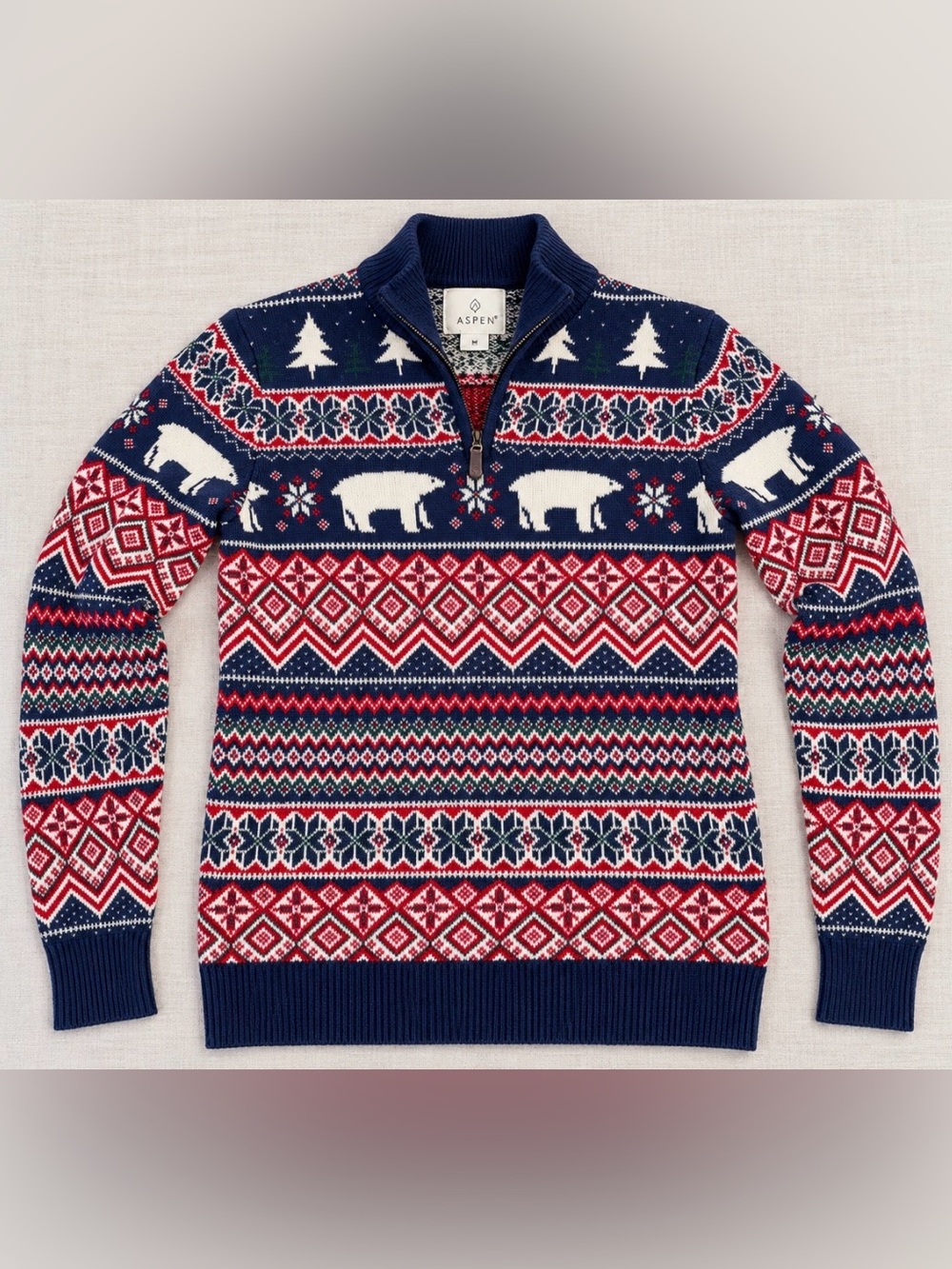 Aspen Men’s M Fair Isle Polar Bear Ski Sweater Nordic 100% Cotton Quarter Zip